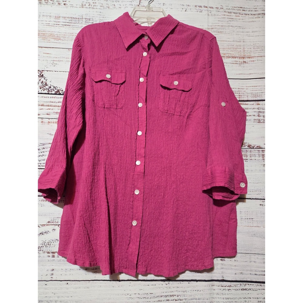 Liz Claiborne Woman Magenta Pink Seersucker Button Down Shirt 2X Roll Tab Sleeve
